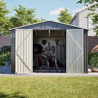 REDOM - Metalen Tuinschuur 10 x 10 voet – Met Vloerframe En Afsluitbare Deuren – Ruime Buitenberging Voor Tuin, Fietsen En Gereedschap – Metaal – Grijs