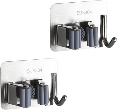 Famanu - Mop en bezemhouder wandrek met zelfklevende RVS haken heavy duty