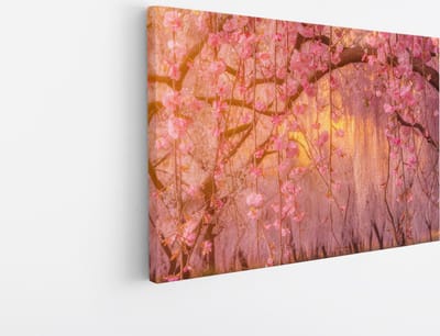 Saammp Canvas Schilderij - Roze bloesem met zonsondergang - Natuur - Landschap - 45x30 - Foto op canvas - Wanddecoratie - Muurdecoratie Woonkamer - Slaapkamer decoratie - Canvas Print