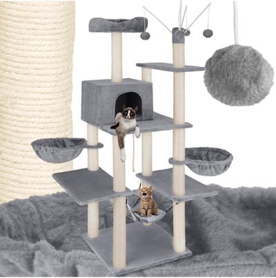 tectake® XXL Grote krabpaal voor katten - Incl. accessoires, ligmandjes, kattenhangmat, kattenhuis, speelgoed en sisaltouw - Kattenboom met krabpaal - Hoogte ca. 165 cm - grijs