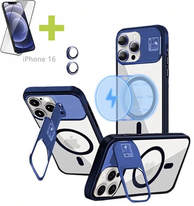 Hoesje voor iPhone 16 met Standaard, Compatibel met MagSafe, Acryl + TPU Case, Hoes ingebouwde Stash Stand-telefoonhoes, Ultradun-Blauw - Screenprotector