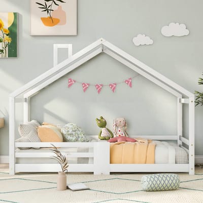 VVBV Huisbed 90x200 cm - USB, Uitvalbeveiliging, Huisdesign, Voor Kinderen/Tieners - Massief Hout Wit - Zonder Matras