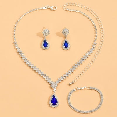 Diamant Drop Oorbellen, Armbanden, Oorbellen, Ketting Set, Modieuze Bruids Bruiloft Sieraden, Drie delige Set. blauw