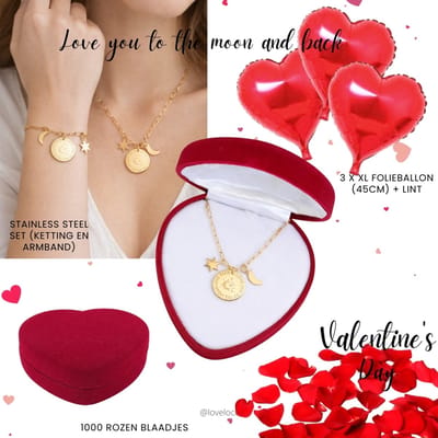 Lovelockers© | Luxe Stainless Steel Set | Valentijn | Armband & Ketting "Love You to the Moon and Back" | Rode Hartjes Sieradendoos | Perfect Cadeau