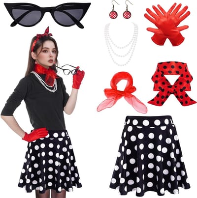 Retro 50s Kostuumset voor Vrouwen met Hoge Taille Mini Rok, Polka Dot Haarband, Kat-Oog Bril, Rode Chiffon Sjaal en Handschoenen voor Feestjes en Themadagen