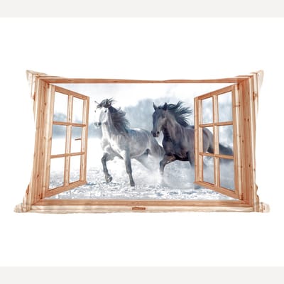 Sierkussens - Kussentjes Woonkamer - 50x30 cm - Doorkijk - Paarden - Winter - Dieren - Natuur - Hout