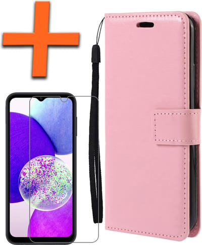 Hoes - Met Screenprotector - Geschikt voor Samsung Galaxy A14 - Luxe Pasjeshouder - Bookcase Portemonee - Flip Case - Kunstleer Book Case - Flipcase - Book Cover - Walletcase - PortemonneeHoes - Lichtroze