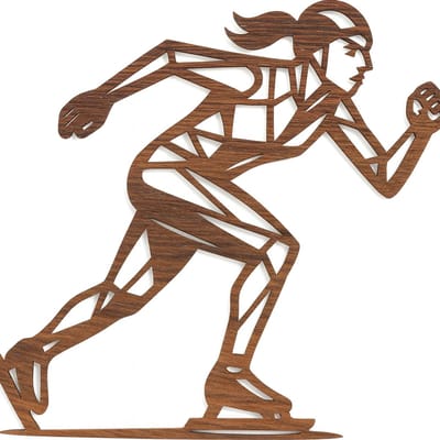 Schaatsen vrouw geometrische line-art wanddecoratie – sport wandbord – middel 38×36,1 cm – populierenhout palisander hout kleur
