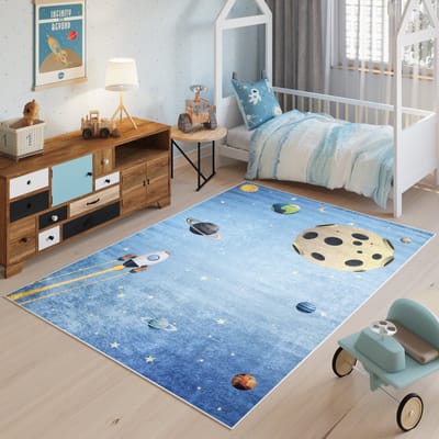 Tapiso Emma Vloerkleed Kinderkamer Jeugdtapijt Blauw Heelal Speelmat- 140x200