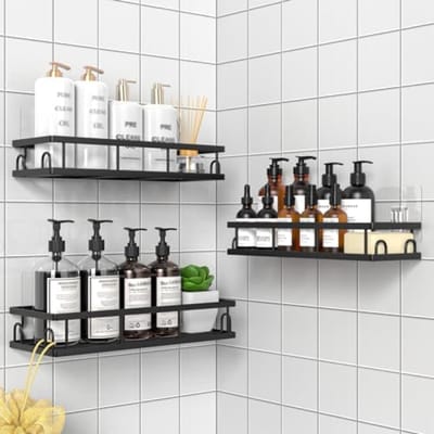 PromoHome 3-Pack Badkamer Doucheplank Wandmontage Zonder Boren - Roestvrij Staal Doucherek met Sterke Lijm - Badkamer Organizer voor Douche, Keuken en Wasruimte - Zwart