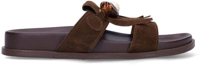 Manfield - Dames - Bruine suède sandalen met franjes en kralen - Maat 36