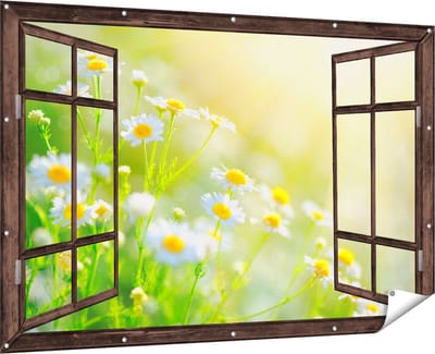 Gards Tuinposter Doorkijk Witte Kamille Bloemen met Zonneschijn - 180x120 cm - Tuindoek - Tuindecoratie - Wanddecoratie buiten - Tuinschilderij