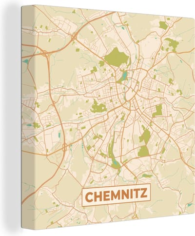 Canvas Schilderij Chemnitz - Plattegrond - Kaart - Vintage - Stadskaart - 20x20 cm - Wanddecoratie
