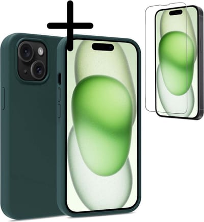 Hoesje Met Screenprotector - Geschikt voor Apple iPhone 15 - Sterk & Shockproof - Back Cover - Siliconen Case - Telefoon Hoes - Donkergroen