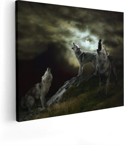 Artaza Canvas Schilderij Wolf - 100x80 cm - Groot - Wanddecoratie Wolven - Muurdecoratie Volle Maan - Schilderijen Op Canvas Dieren