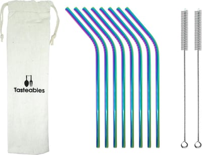 RVS Rietjes Gebogen - Cocktail Rietjes - Tasteables - Set van 8 - Herbruikbaar - Reinigingsborstel - 210mm lengte - Regenboog
