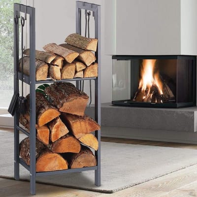 Verticale brandhoutstandaard met metalen rek en houten deur voor binnen en buiten - Modern en ruimtebesparend design (100 x 40 x 30 cm)