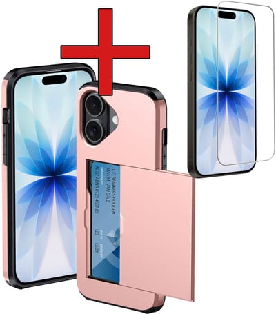 Hoesje Geschikt voor iPhone 17 Hoesje Met Pasjeshouder Hard Case Met Kaarthouder Met Screenprotector - Hoes Geschikt voor iPhone 17 Hoesje Pashouder Case - Rosé goud