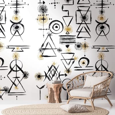 Fotobehang Profhome 391981-GU vliesbehang hardvinyl warmdruk in reliëf glad in etnisch stijl mat wit zwart goud 1,59 m x 2,8 m