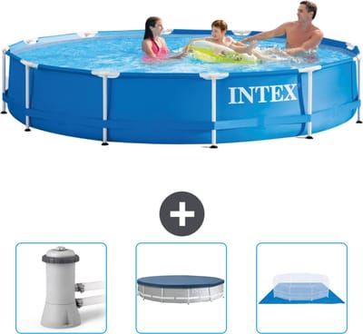Intex Rond Frame Zwembad - 366 x 76 cm - Blauw - Inclusief Zwembadfilterpomp - Afdekzeil - Grondzeil