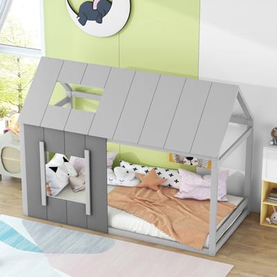 STILVORA Kinderbedden 90x200 cm - Praktisch Eenpersoonsbed Met Charmante Huisvorm - Robuust Grenenhout Voor Kinderslaapkamers - Natuurlijk
