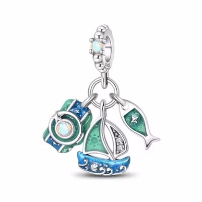 Fler® | Bedel | Past op populaire bedelarmbanden (standaard - 3mm) | 3delige Zee Camera & Zeilboot Bedel | Hangbedel Charm | 925 sterling zilver | Blauwe zirkonia | Blauwe & Groene emaille | Armband Kraal | Valentijnsdag Cadeau | Sinterklaas kado