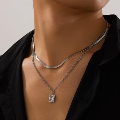Helin life Klassieke ketting heren -Meerlaags Kettingen set- Schakelketting - Staal - RVS &zirkoon hanger-Cadeau voor Man -Geschenkdoos en wenskaart-Mannen Cadeautjes-zilver