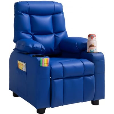 VEVOR Kinderbank met bekerhouders en zijvakken, kinderfauteuil met verstelbare rugleuning en voetensteun (107° tot 126°), relaxfauteuil van PU-leer met voetensteun, geschikt voor kinderen (blauw)