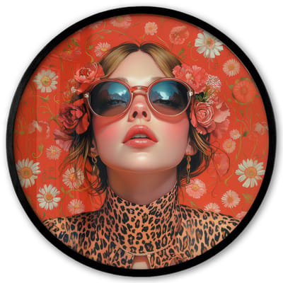 Poster in lijst Rond - Fotolijst 40x40 cm - Posters - Vrouw - Kleurrijk - Dierenprint - Bloemen - Ronde posterlijst zwart - Decoratie - Wanddecoratie woonkamer - Muurdecoratie slaapkamer
