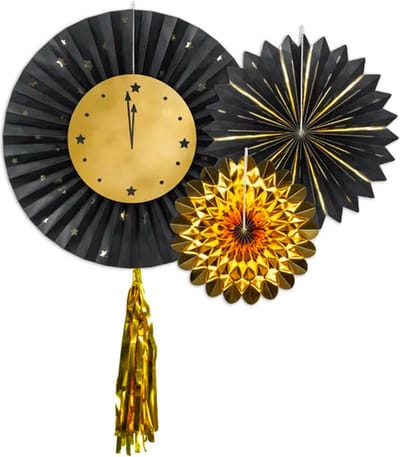 Partydeco - Waaiers HNY klok mix - 26 cm - 43 cm