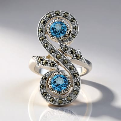 Cavill - Zilveren ring met 2 Zwitsers-blauwe topaas 0 96 ct en 29 marcasiet 0 388 ct - 925 Sterling zilver - Moderne elegante ring - Sieraden dames