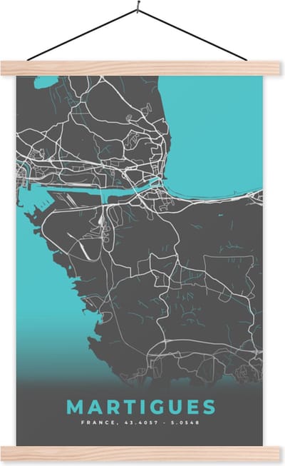 Posterhanger incl. Poster 40x60 cm - Schoolplaat - Martigues - Frankrijk - Plattegrond - Kaart - Stadskaart - Textielposter - Blanke latten - Stadskaart