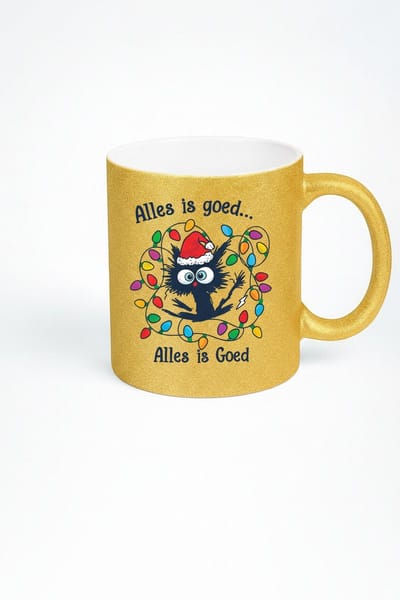 Alles Is Goed Kerst Kat Mok 330ml – Gouden Keramische Koffiemok met Schattige Kerstkat & Kerstverlichting – Grappig Nederlands Feestdagen Cadeau