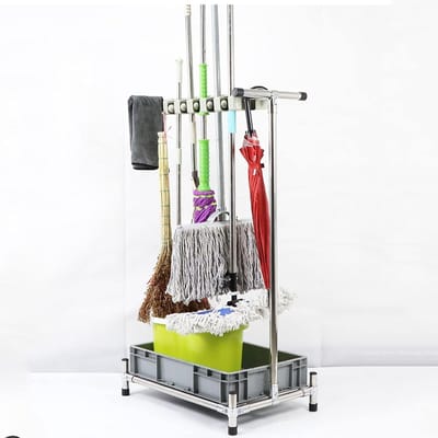 Dweilhouder met Wielen - Bezemrek Dweilrek - Schoonmaak Organiseren - Roestvrijstalen Frame - 118cm Hoog - Zilver