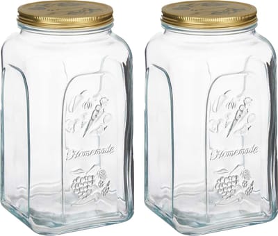 Pasabahce Voorraadpot/bewaarpot Square - 2x - glas - 3L - transparant/goud - D13 x H25 cm - voedsel bewaren