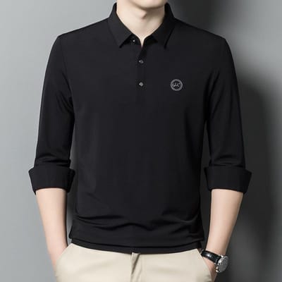 Lange Mouw Heren Lente en Herfst Revers Middenleeftijd Vader Los Poloshirt Effen Kleur Pullover Ondergoed Top 4XL black