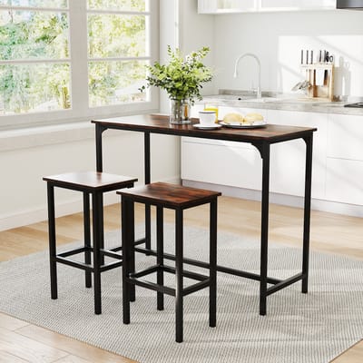 COSTWAY Bartafel met barkruk, set van 2 personen, met voetensteun, houten eetgroep met metalen frame, keukentafelset, aanrecht voor woonkamer, eetkamer en keuken, rustieke douche