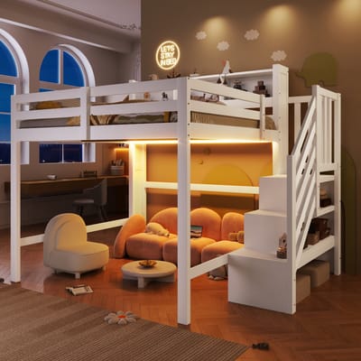 Hoogslaper 140x200 cm - LED-verlichting en Grote Opbergruimte - Opbergladder en Open Vakken - Hout - Wit