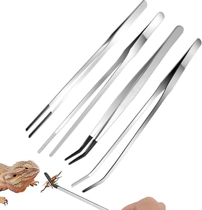 Set van 4 Lange RVS Aquarium Pincetten (27 cm) - Recht, Gebogen en Rubberen Punt - Ideaal voor Waterplanten