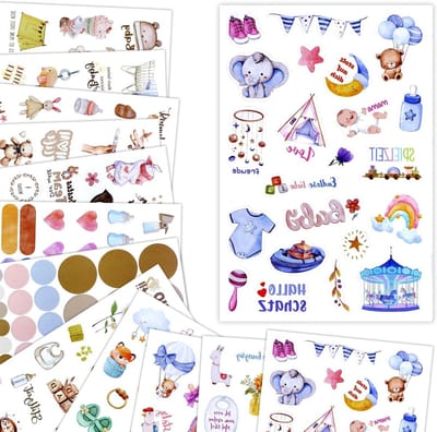 Dailygoods - Sticker fotoalbum Baby Cute: 12 stuks stickers babyalbum jongens en meisjes, fotostickers voor babyfotoalbum, stickers fotoalbum met harten, baby geboorte stickers, stickerset dagboek