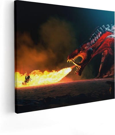 Artaza Canvas Schilderij Vuurspuwende Draak - 50x40 cm - Muurdecoratie Fantasy - Wanddecoratie Strijder - Kamer Accessoires Donker