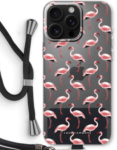 Case Company® - Hoesje met koord geschikt voor iPhone 16 Pro Max hoesje met Koord - Flamingo - Telefoonhoesje met Zwart Koord - Bescherming aan alle Kanten en Over de Schermrand