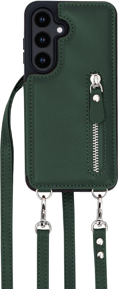 Casemania Hoesje Geschikt voor Samsung Galaxy S25 - Groen - Luxe Back Cover met Koord & Rits - Wallet Case met Pasjeshouder - Lanyard Telefoonhoes - Cord Case