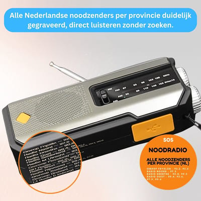 Noodradio met gegraveerde noodzenders per provincie – Powerbank 2000 mAh – Solar & opwindbaar – Zaklamp – SOS-alarm – USB-C – Essentieel voor elk noodpakket
