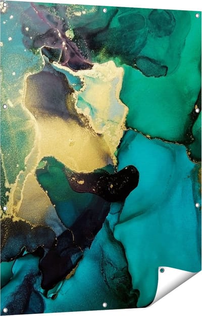 Gards Tuinposter Abstracte Kunst - Groen met Goud - 90x120 cm - Tuindoek - Tuindecoratie - Wanddecoratie buiten - Tuinschilderij