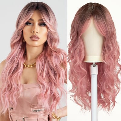 Dailygoods- Pruik Lichtroze Golvend - Synthetisch Haar - Hittebestendig - Natuurlijke Uiterlijk - Ademend Materiaal - Perfect Comfort - Haarstuk