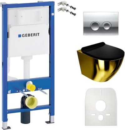 Inbouwreservoir Complete Toiletset Geberit Duofix Basic - Inbouw WC Hangtoilet Wandcloset SOFI SLIM Goud/Zwart - Bedieningsplaat DELTA Chroom Rund - Voorwandelement - Installatiesysteem