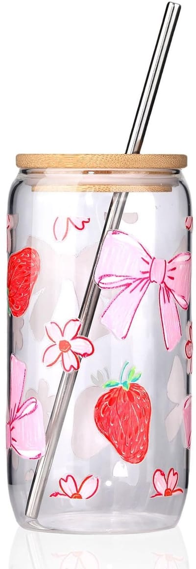 Dailygoods- Glas 16 oz - Elegante Tumbler - Deksel/Rietje - Roze Strikstickers - Drinkervaring - Hoogwaardig Glas