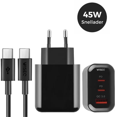 45W snellader GaN technologie - adapter USB A en USB C poorten - inclusief USB C naar USB C kabel 2 meter - geschikt voor Samsung Galaxy en iPhone 17 / 16 / 15 - zwart - WiseQ