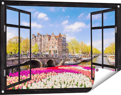 Gards Tuinposter Doorkijk Amsterdamse Huisjes aan de Grachten - 90x60 cm - Tuindoek - Tuindecoratie - Wanddecoratie buiten - Tuinschilderij